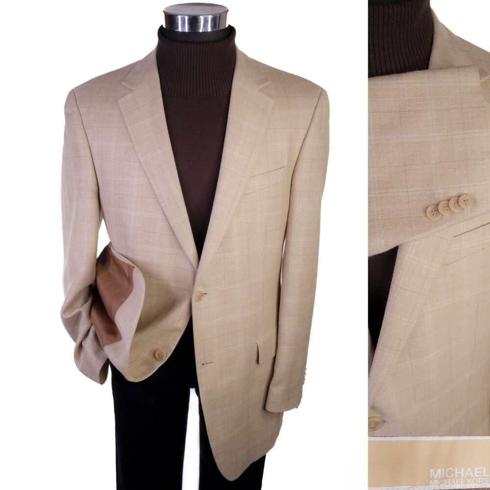 Michael Kors Silk/Wool Blend Sport Coat Blazer 42R Beige Check 2-Button Jacket